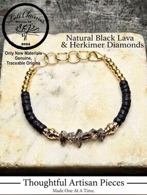 Delicate & Dainty Natural Black Lava & Herkimer Diamonds In Artisan Bracelet